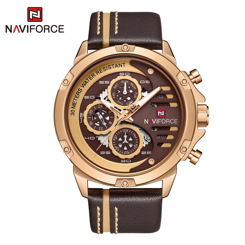 NAVIFORCE NF9110 Mens Leather Quartz Watch, Waterproof, 24-Hour Date, Sport Wristwatch 45-49mm