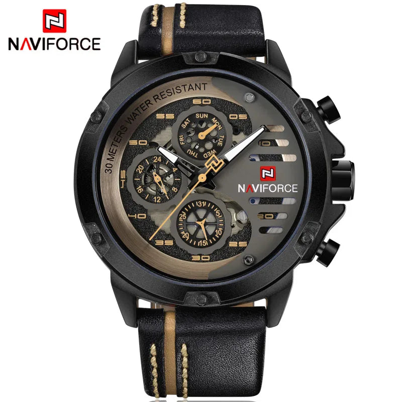 NAVIFORCE NF9110 Mens Leather Quartz Watch, Waterproof, 24-Hour Date, Sport Wristwatch 45-49mm