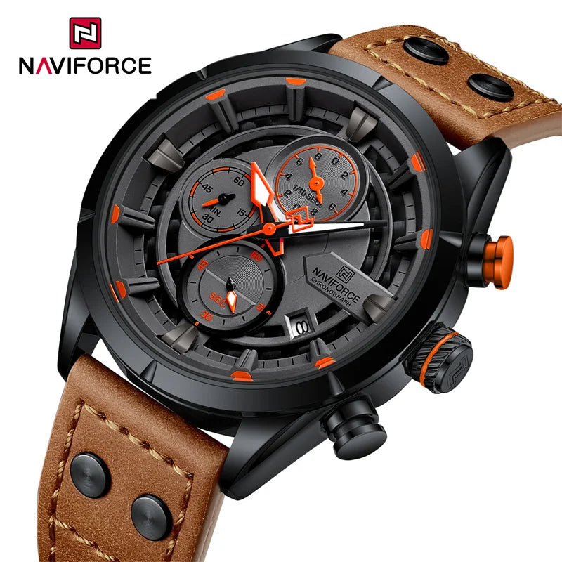 NAVIFORCE NF8045 Mens Luxury Quartz Watch, Leather, Chronograph, 44mm, Waterproof, Date Display