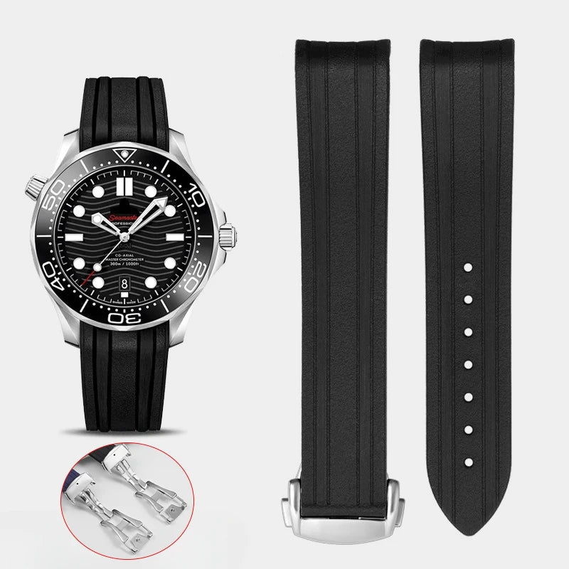 20mm Curved End Silicone Watchband for Omega Seamaster 300 – Waterproof Wristband for Men & Women