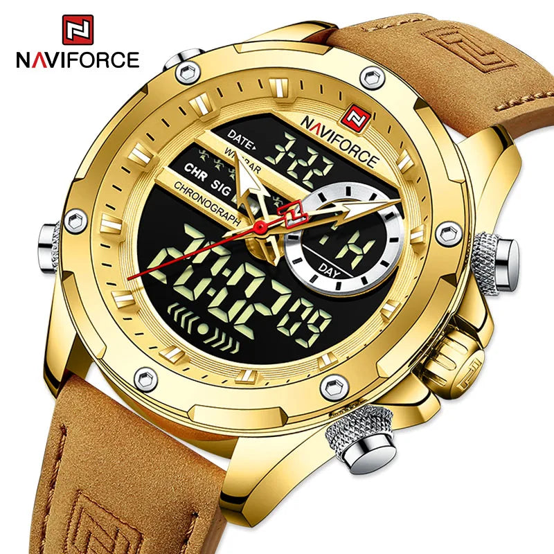 NAVIFORCE NF9208 Mens Luxury Leather Watch, Chronograph, Alarm, Dual Display, 45mm, Waterproof