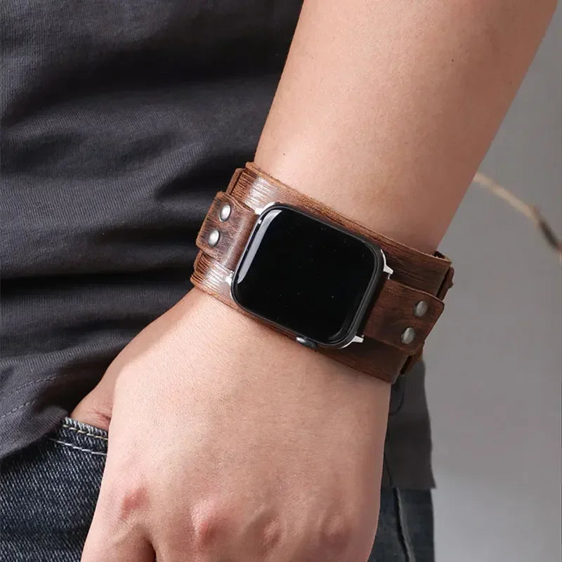 Leather Strap Band for Apple Watch Ultra 2/9/8/7/3, 40mm/41mm/44mm/45mm/49mm, Double Metal Buckle Band