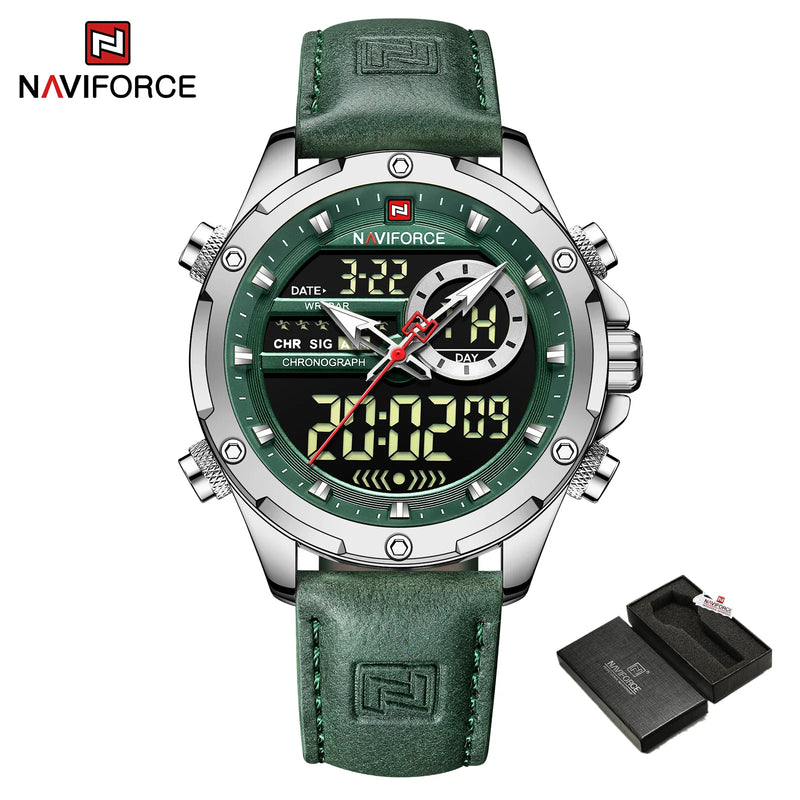 NAVIFORCE NF9208 Mens Luxury Leather Watch, Chronograph, Alarm, Dual Display, 45mm, Waterproof