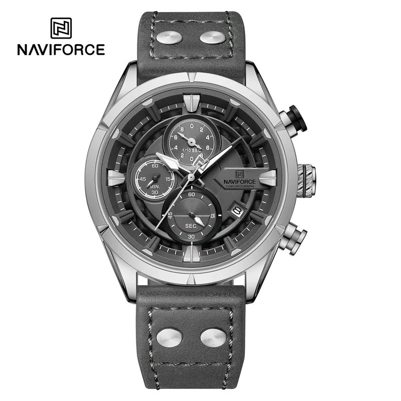 NAVIFORCE NF8045 Mens Luxury Quartz Watch, Leather, Chronograph, 44mm, Waterproof, Date Display