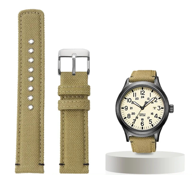 Waterproof Nylon Canvas & Leather Watch Strap for TIMEX, Citizen, Hamilton - 20mm, Khaki Watchband