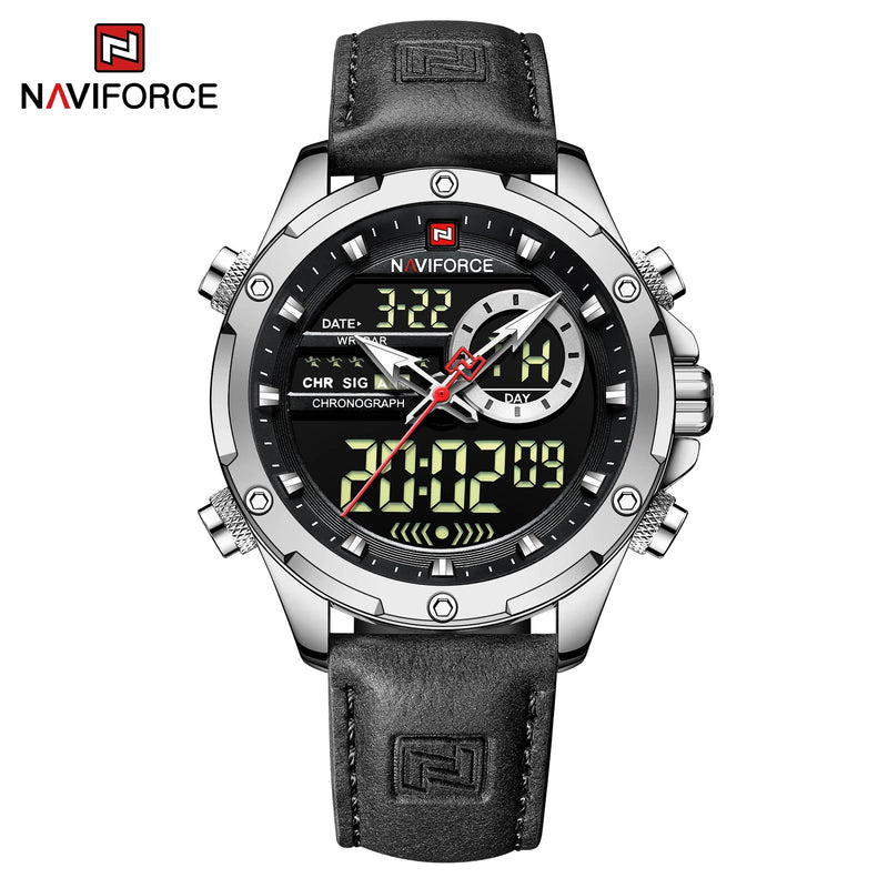 NAVIFORCE NF9208 Mens Luxury Leather Watch, Chronograph, Alarm, Dual Display, 45mm, Waterproof