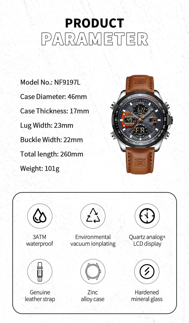 NAVIFORCE NF9197L Mens Sport Quartz Watch, Leather, Dual Display, 46mm, Waterproof, Luminous