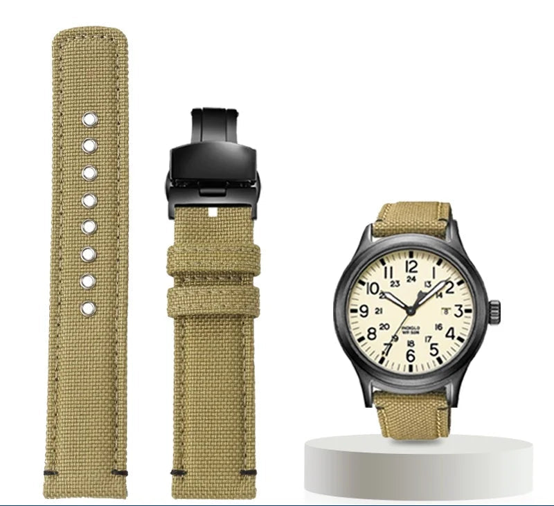 Waterproof Nylon Canvas & Leather Watch Strap for TIMEX, Citizen, Hamilton - 20mm, Khaki Watchband