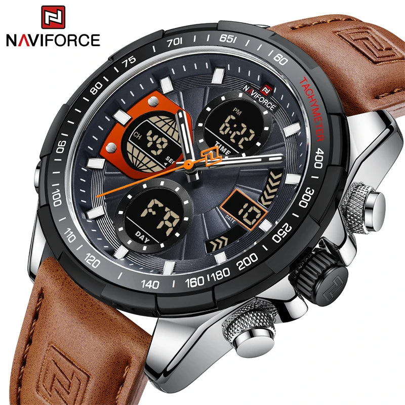 NAVIFORCE NF9197L Mens Sport Quartz Watch, Leather, Dual Display, 46mm, Waterproof, Luminous