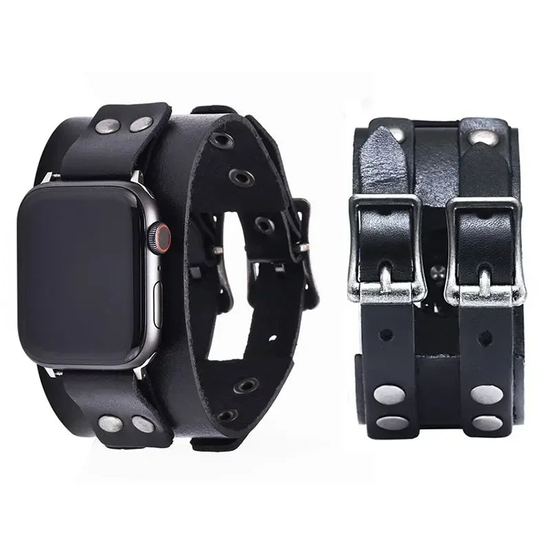 Leather Strap Band for Apple Watch Ultra 2/9/8/7/3, 40mm/41mm/44mm/45mm/49mm, Double Metal Buckle Band