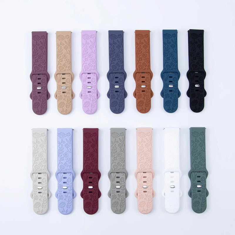 20mm & 22mm Floral Engraved Silicone Band for Samsung Galaxy Watch 6/5/4, Huawei GT 3 Pro & More