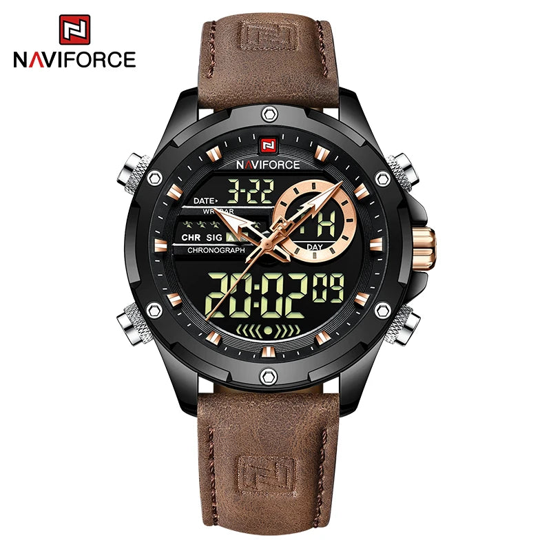 NAVIFORCE NF9208 Mens Leather Quartz Watch, Chronograph, Alarm, Digital, 45mm, WaterproofProduct Description:Unleash your style with this NAVIFORCE Men’s Quartz Wristwatch (Model NF9208), blending military-inspired design with