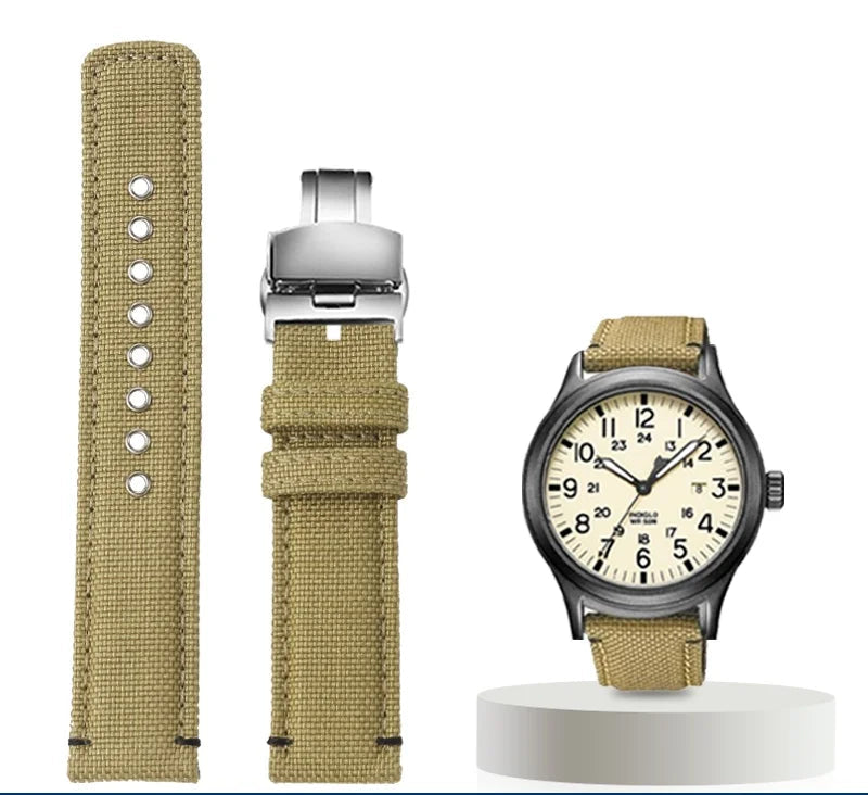 Waterproof Nylon Canvas & Leather Watch Strap for TIMEX, Citizen, Hamilton - 20mm, Khaki Watchband