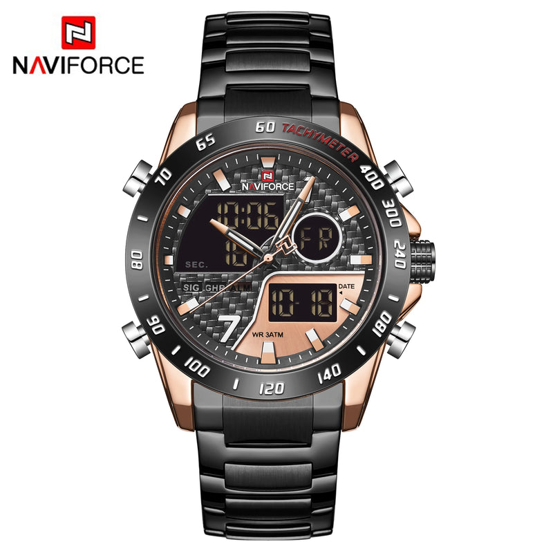 NAVIFORCE NF9171 Mens Digital Quartz Watch, LED, Stainless Steel, 45mm, Waterproof, Chronograph