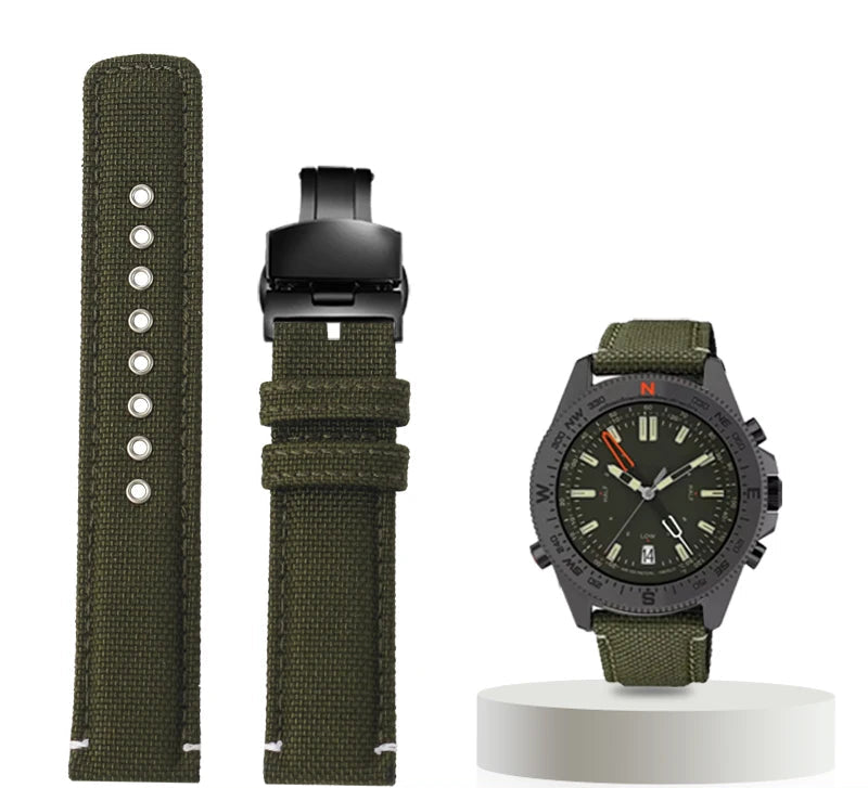 Waterproof Nylon Canvas & Leather Watch Strap for TIMEX, Citizen, Hamilton - 20mm, Khaki Watchband