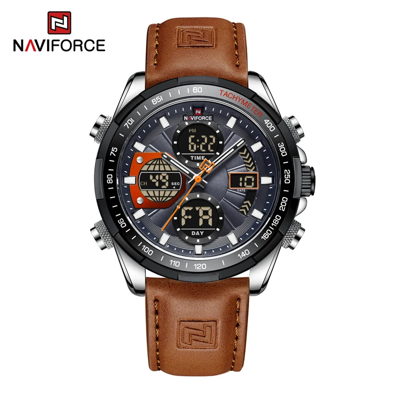 NAVIFORCE NF9197L Mens Sport Quartz Watch, Leather, Dual Display, 46mm, Waterproof, Luminous