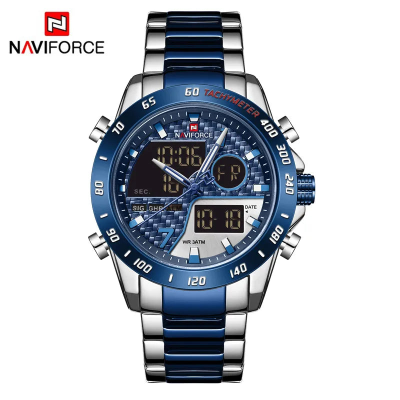 NAVIFORCE NF9171 Mens Digital Quartz Watch, LED, Stainless Steel, 45mm, Waterproof, Chronograph