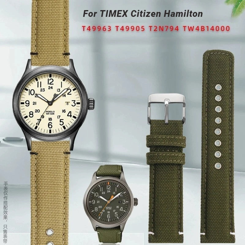 Waterproof Nylon Canvas & Leather Watch Strap for TIMEX, Citizen, Hamilton - 20mm, Khaki Watchband