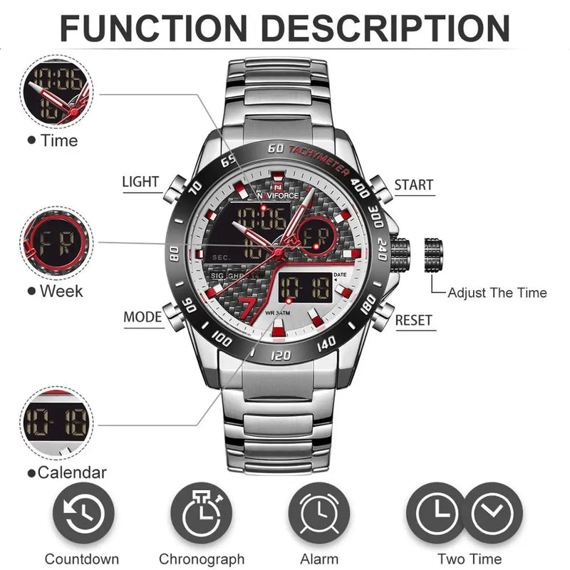 NAVIFORCE NF9171 Mens Digital Quartz Watch, LED, Stainless Steel, 45mm, Waterproof, Chronograph