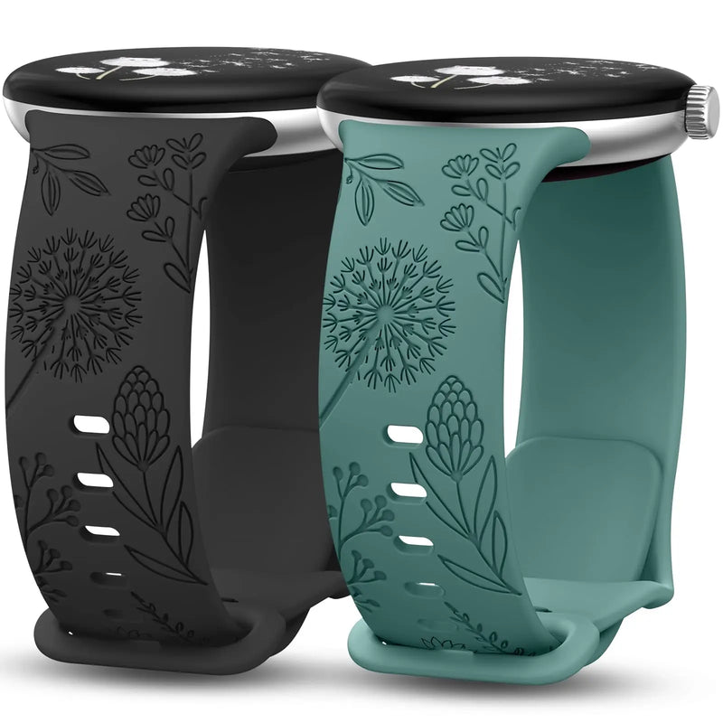 Wearlizer 2-Pack Floral Engraved Silicone Bands for Google Pixel Watch 2