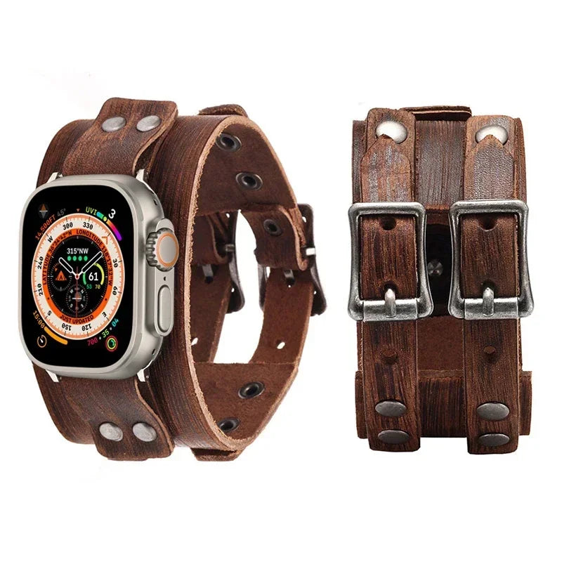 Leather Strap Band for Apple Watch Ultra 2/9/8/7/3, 40mm/41mm/44mm/45mm/49mm, Double Metal Buckle Band