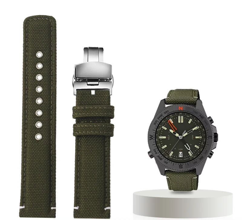 Waterproof Nylon Canvas & Leather Watch Strap for TIMEX, Citizen, Hamilton - 20mm, Khaki Watchband