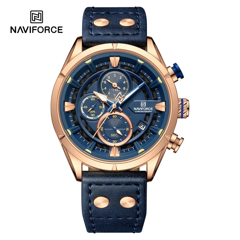 NAVIFORCE NF8045 Mens Luxury Quartz Watch, Leather, Chronograph, 44mm, Waterproof, Date Display