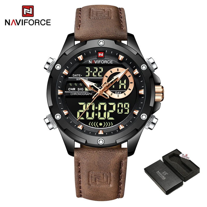 NAVIFORCE NF9208 Mens Luxury Leather Watch, Chronograph, Alarm, Dual Display, 45mm, Waterproof