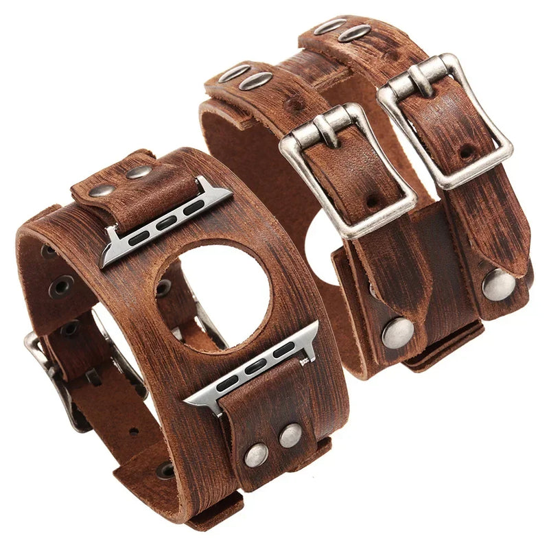 Leather Strap Band for Apple Watch Ultra 2/9/8/7/3, 40mm/41mm/44mm/45mm/49mm, Double Metal Buckle Band