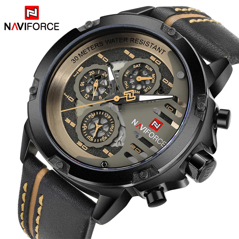 NAVIFORCE NF9110 Mens Leather Quartz Watch, Waterproof, 24-Hour Date, Sport Wristwatch 45-49mm