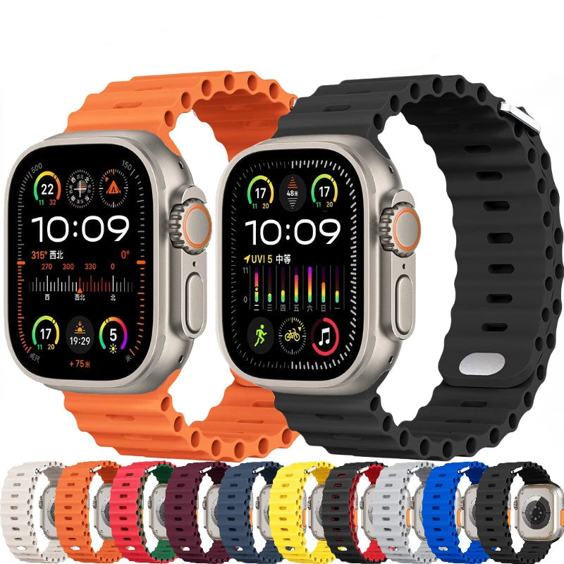 Ocean Silicone Strap for Apple Watch Ultra 2, Series 10, 9, 8, 7, SE – 49mm, 45mm, 41mm, 44mm, 42mm, 40mm