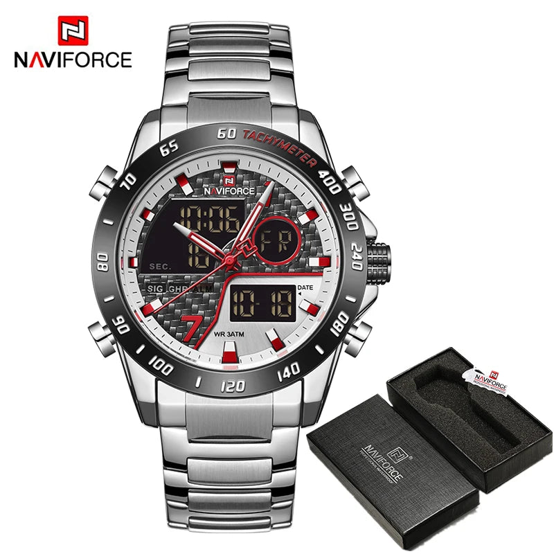 NAVIFORCE NF9171 Mens Digital Quartz Watch, LED, Stainless Steel, 45mm, Waterproof, Chronograph