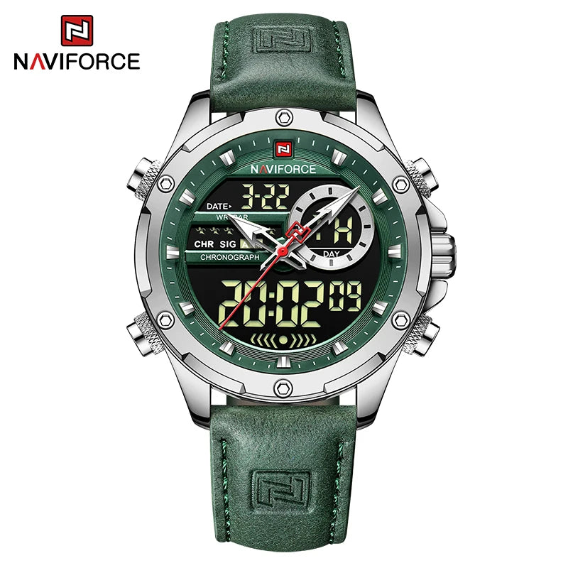 NAVIFORCE NF9208 Mens Leather Quartz Watch, Chronograph, Alarm, Digital, 45mm, WaterproofProduct Description:Unleash your style with this NAVIFORCE Men’s Quartz Wristwatch (Model NF9208), blending military-inspired design with