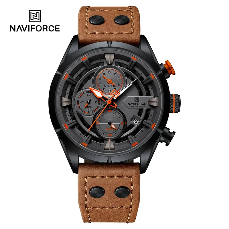 NAVIFORCE NF8045 Mens Luxury Quartz Watch, Leather, Chronograph, 44mm, Waterproof, Date Display