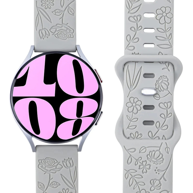 20mm & 22mm Floral Engraved Silicone Band for Samsung Galaxy Watch 6/5/4, Huawei GT 3 Pro & More