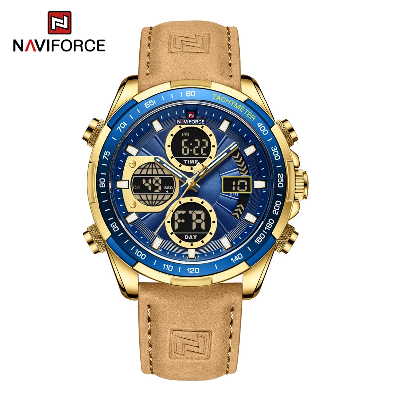 NAVIFORCE NF9197L Mens Sport Quartz Watch, Leather, Dual Display, 46mm, Waterproof, Luminous