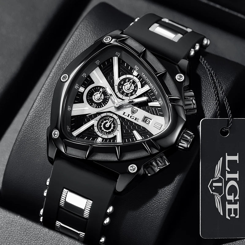 LIGE LG89103 Mens Triangle Quartz Watch, Chronograph, Silicone, 56mm, Waterproof, Military Style