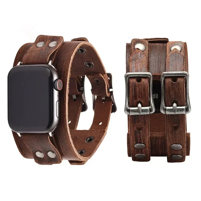 Leather Strap Band for Apple Watch Ultra 2/9/8/7/3, 40mm/41mm/44mm/45mm/49mm, Double Metal Buckle Band