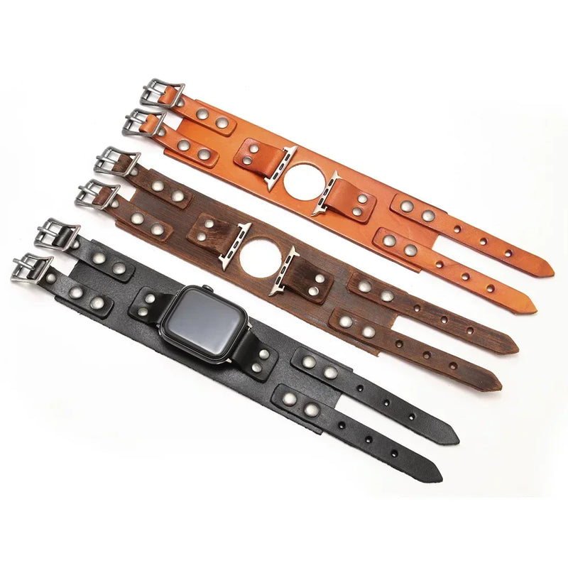 Leather Strap Band for Apple Watch Ultra 2/9/8/7/3, 40mm/41mm/44mm/45mm/49mm, Double Metal Buckle Band