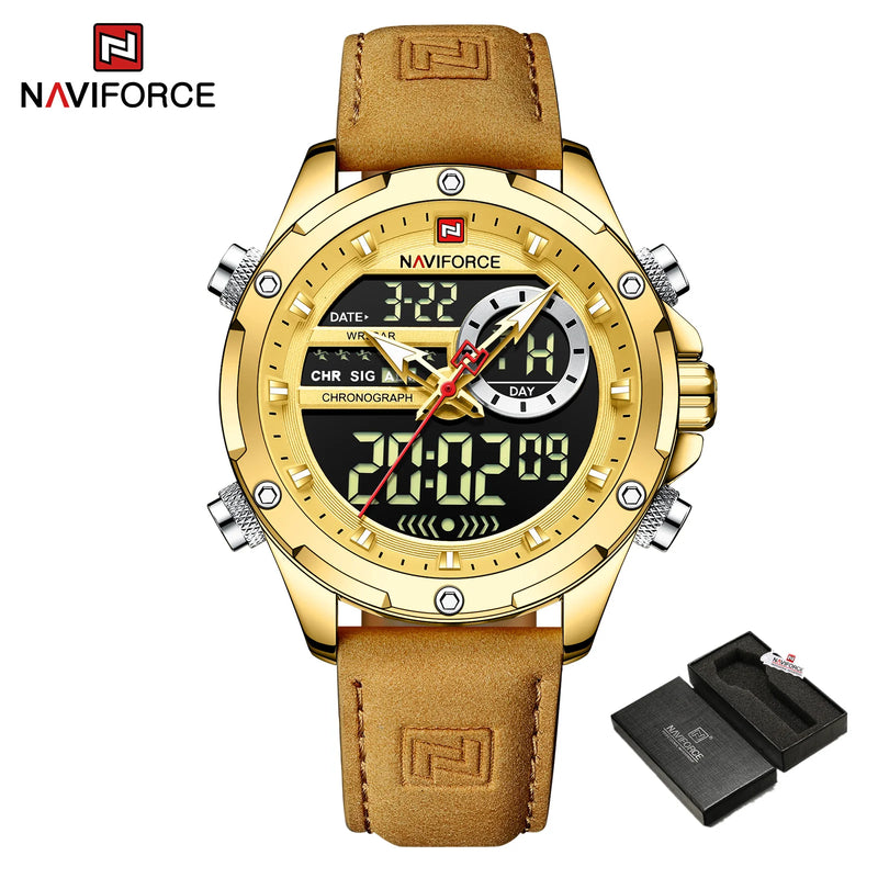 NAVIFORCE NF9208 Mens Luxury Leather Watch, Chronograph, Alarm, Dual Display, 45mm, Waterproof