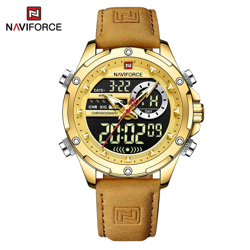 NAVIFORCE NF9208 Mens Leather Quartz Watch, Chronograph, Alarm, Digital, 45mm, WaterproofProduct Description:Unleash your style with this NAVIFORCE Men’s Quartz Wristwatch (Model NF9208), blending military-inspired design with