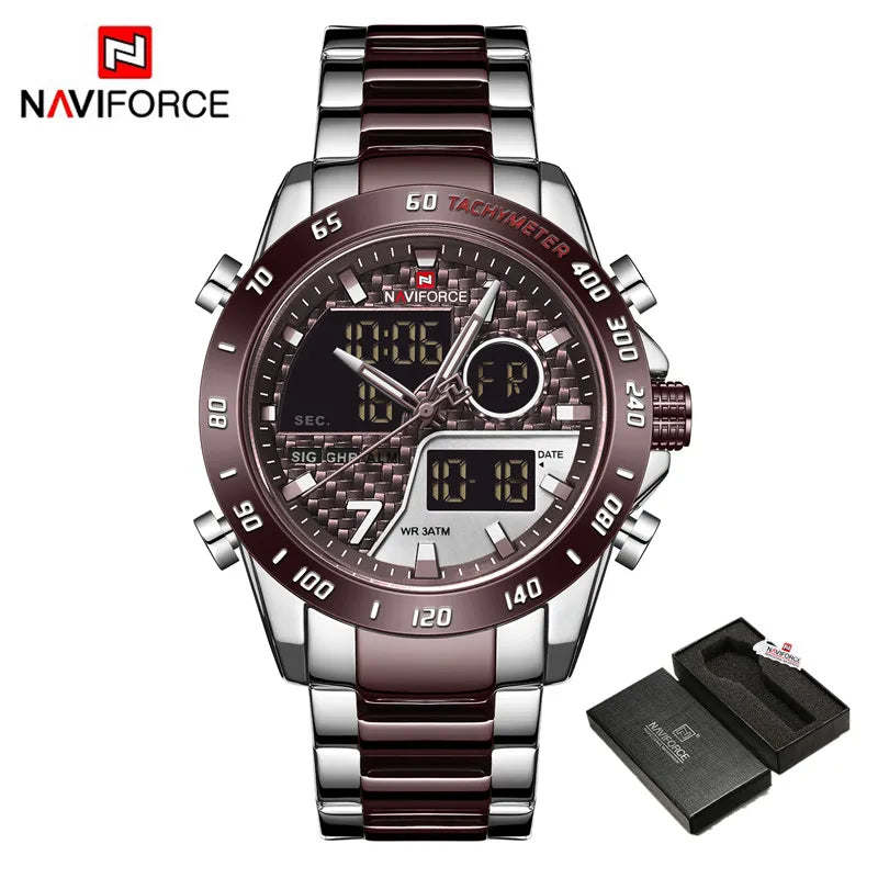 NAVIFORCE NF9171 Mens Digital Quartz Watch, LED, Stainless Steel, 45mm, Waterproof, Chronograph