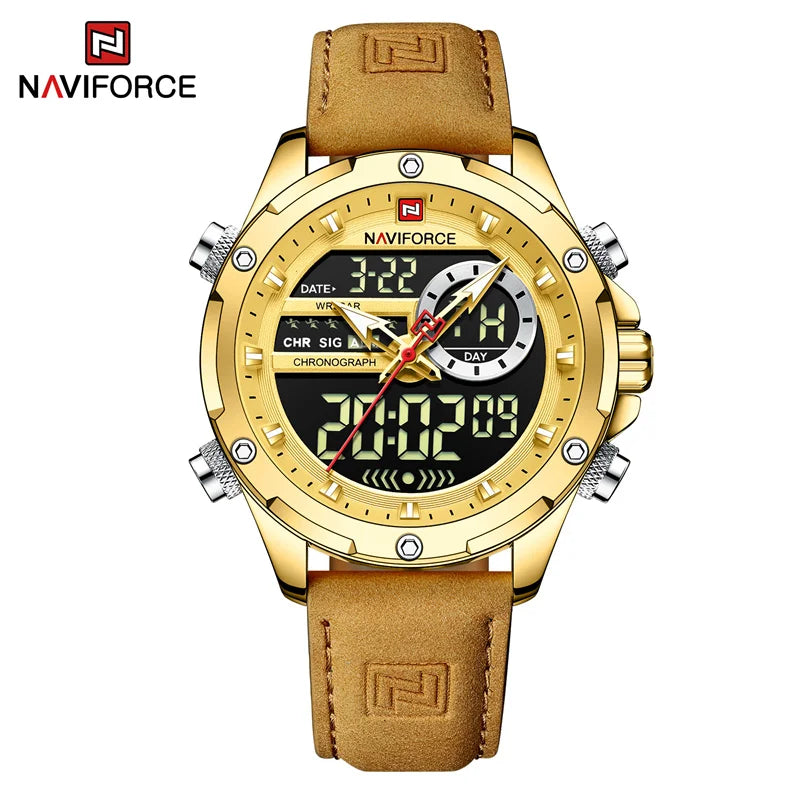 NAVIFORCE NF9208 Mens Luxury Leather Watch, Chronograph, Alarm, Dual Display, 45mm, Waterproof