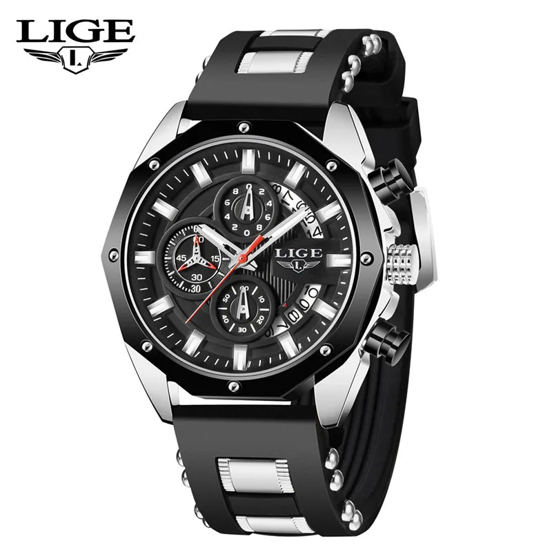 LIGE LIGE8908 Mens Quartz Watch, Silicone, Chronograph, 3Bar Waterproof, Date, Luminous