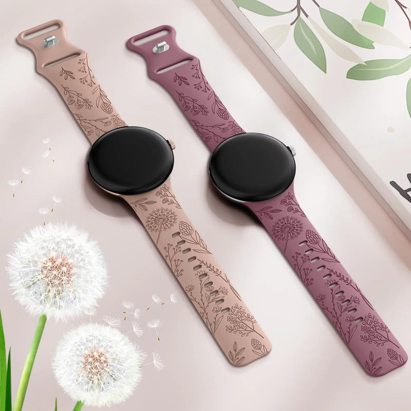 Wearlizer 2-Pack Floral Engraved Silicone Bands for Google Pixel Watch 2