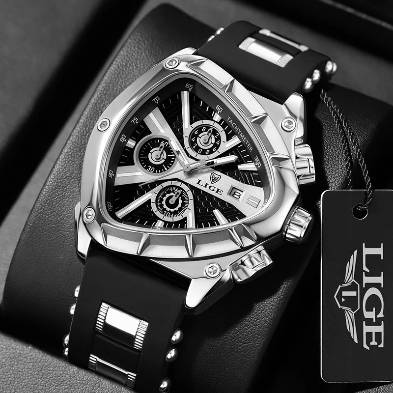 LIGE LG89103 Mens Triangle Quartz Watch, Chronograph, Silicone, 56mm, Waterproof, Military Style