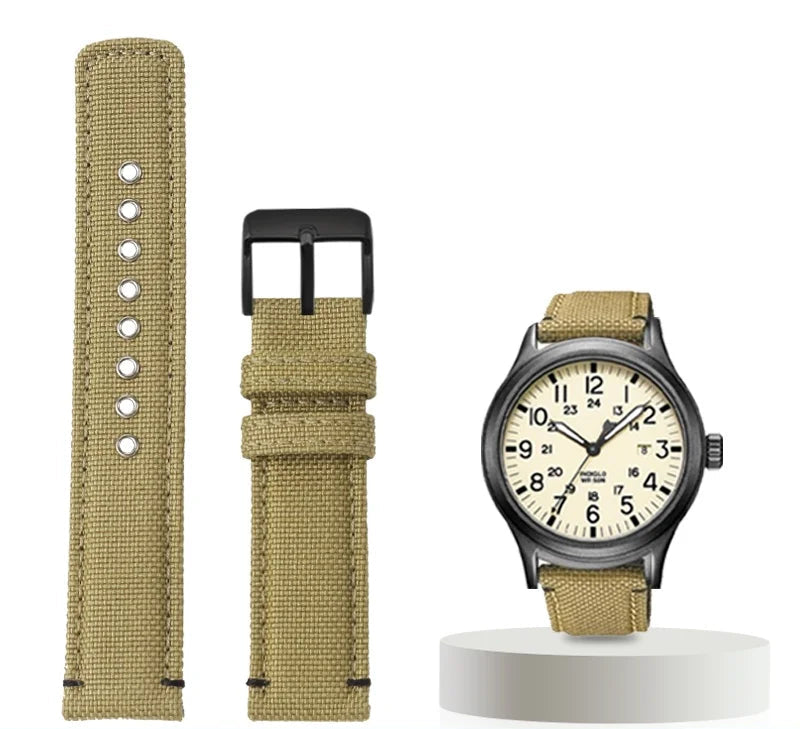 Waterproof Nylon Canvas & Leather Watch Strap for TIMEX, Citizen, Hamilton - 20mm, Khaki Watchband