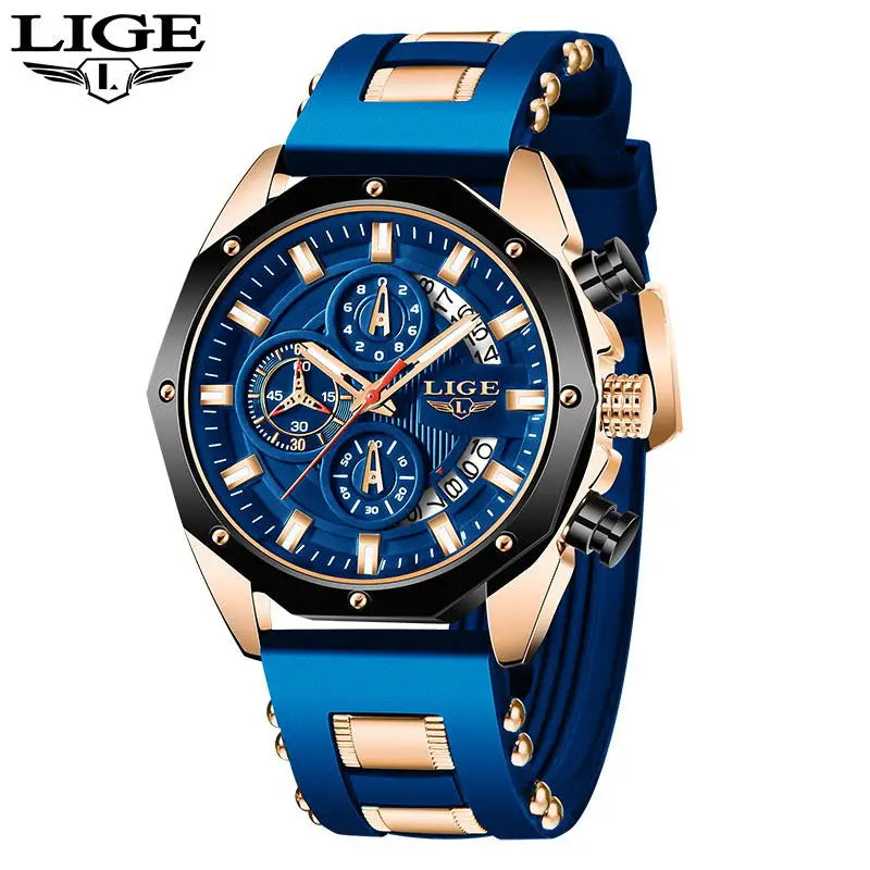 LIGE LIGE8908 Mens Quartz Watch, Silicone, Chronograph, 3Bar Waterproof, Date, Luminous