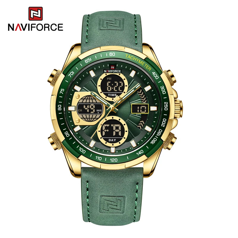 NAVIFORCE NF9197L Mens Sport Quartz Watch, Leather, Dual Display, 46mm, Waterproof, Luminous