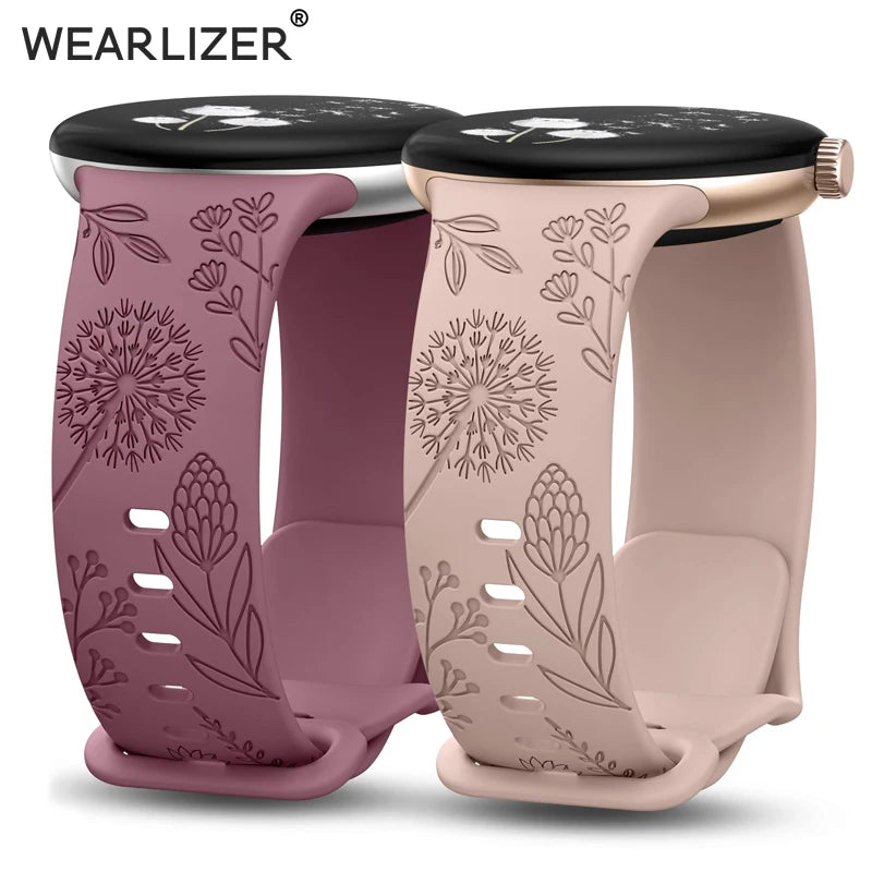 Wearlizer 2-Pack Floral Engraved Silicone Bands for Google Pixel Watch 2